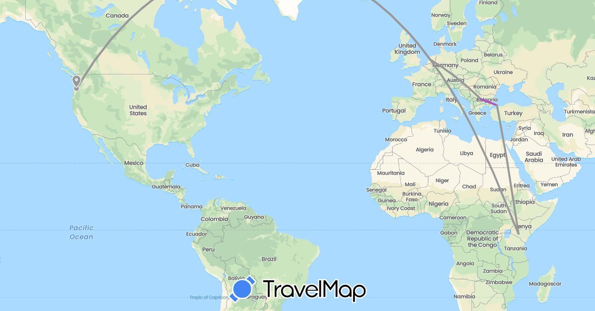 TravelMap itinerary: driving, plane, train in Bulgaria, Kenya, Netherlands, Turkey, United States (Africa, Asia, Europe, North America)